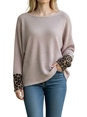BiBi Tan Waffle Knit Long Leopard Print Sleeve Oversized Relaxed Fit Top Size S
